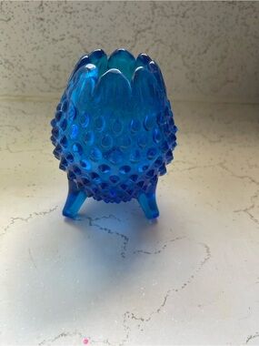 Vintage Fenton Cobalt Blue Hobnail Glass Three-Leg Vase